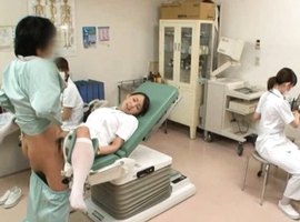 Japanese AV Model on medical chair is fucked with nurses around