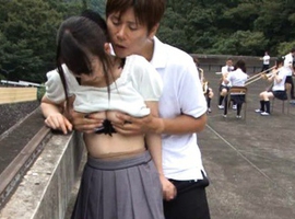 Japanese AV Model licks dick and has tits sweeped in the park