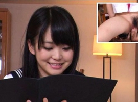 Kurumi Tachibana Asian gets vibrator on cunt while reading menu