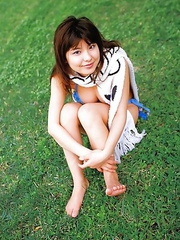 Miri Hanai shows huge melons in tiny lingerie on grass