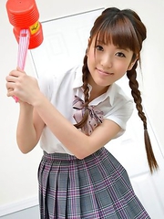 Mizuho Shiraishi with uniform and pigtails plays like child