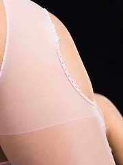 Miyuki Fukatsu wearing a revealing white pantyhose outfit and giving an assjob