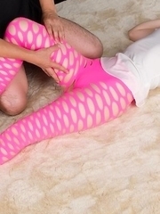 Pink pantyhose brunette Yuma Miyazaki gets her legs and toes fucked on camera