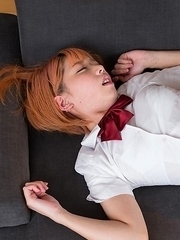 Short-haired beauty Chie Kobayashi gets this dude to cum all over her sexy soles